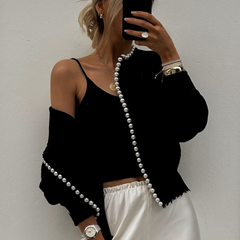 Pearl-trimmed soft knit cardigan for women in black and white