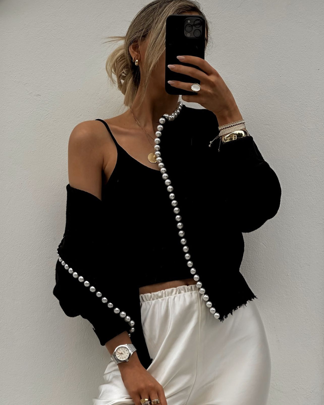 Pearl-trimmed soft knit cardigan for women in black and white