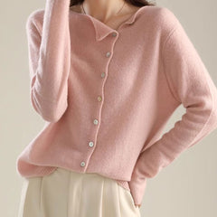 Women's V-neck button-front long sleeve cardigan with softly shaped collar and hip-length hem