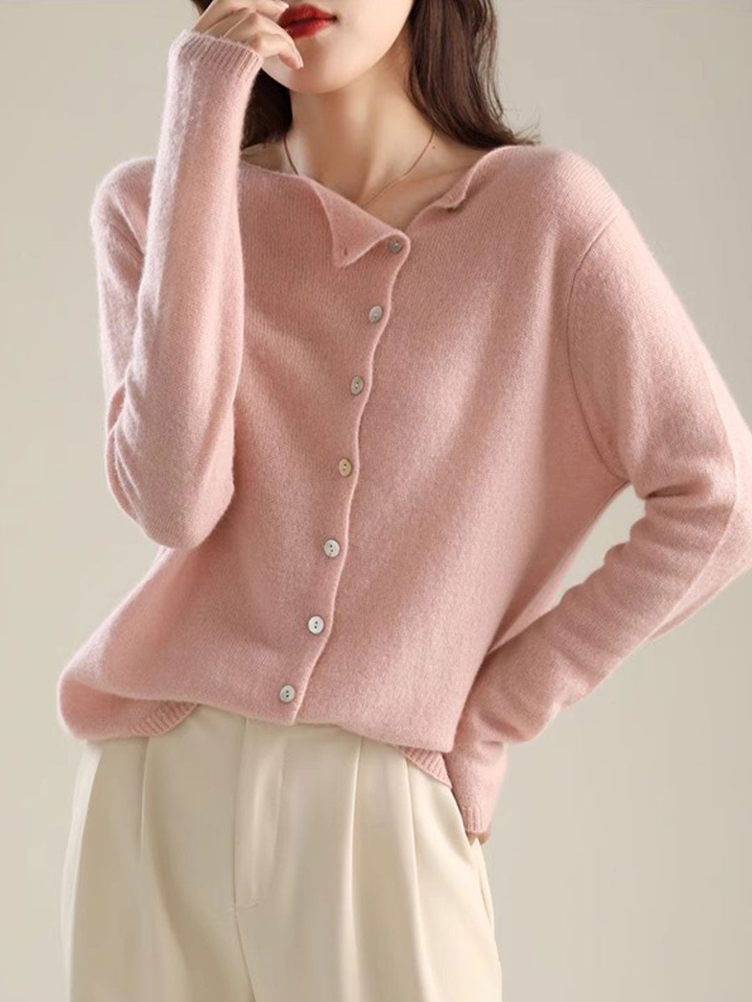 Women's V-neck button-front long sleeve cardigan with softly shaped collar and hip-length hem