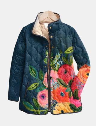 Women's vintage floral print quilted jacket in multicolor, tailored layering style