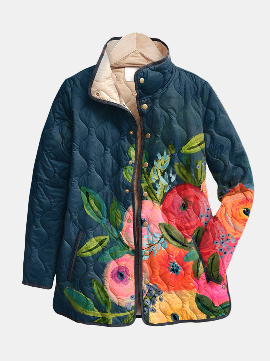 Women's vintage floral print quilted jacket in multicolor, tailored layering style