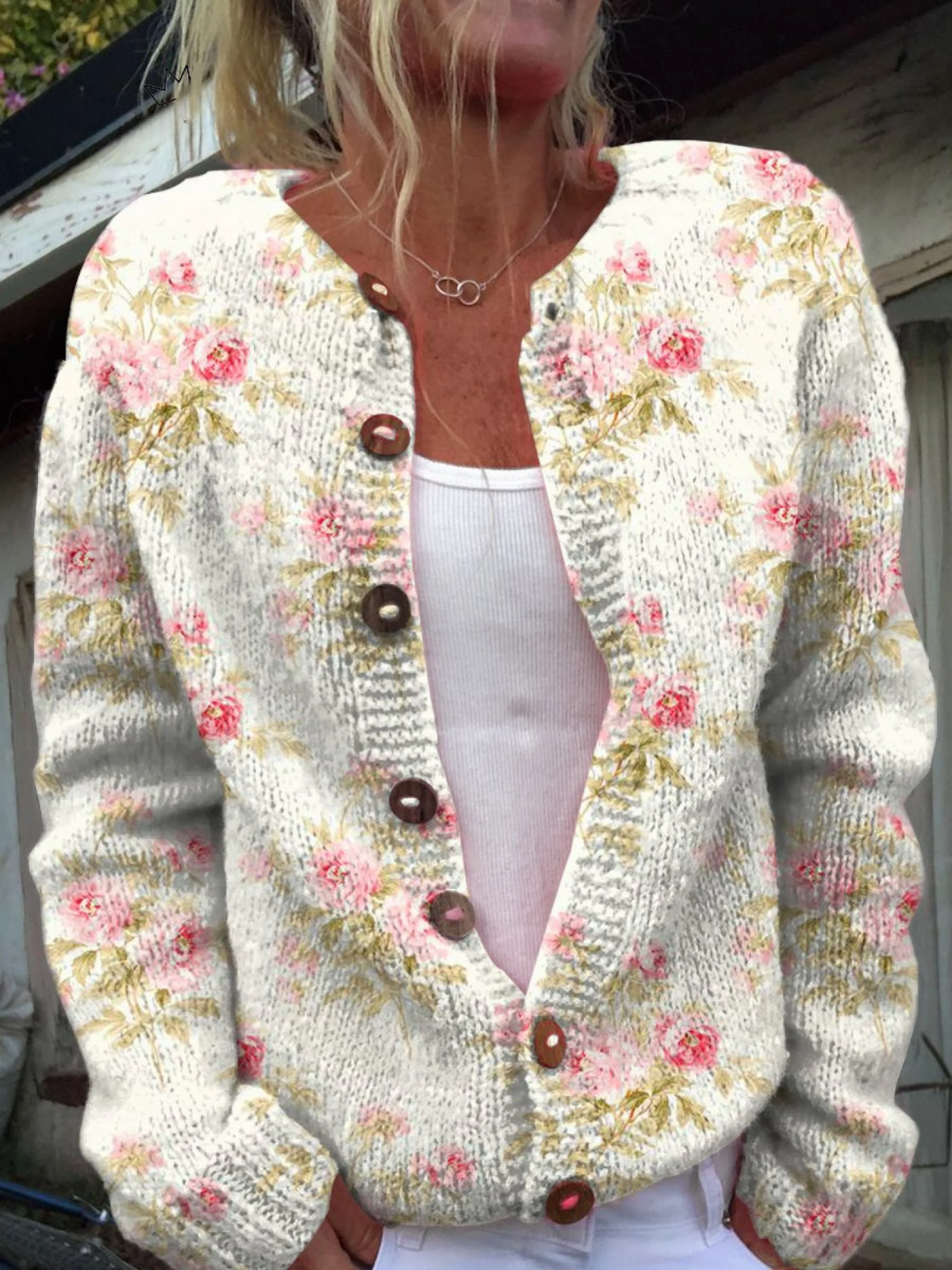 Ivory vintage floral knit cardigan with open front and tortoiseshell-style buttons