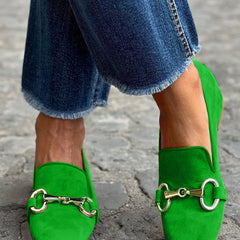 Fluorescent suede loafer with front metal detail in deep pink and green