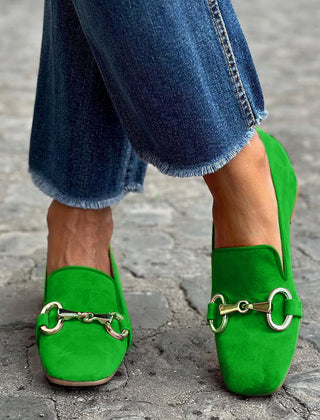 Fluorescent suede loafer with front metal detail in deep pink and green