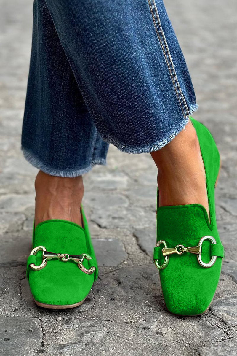 Fluorescent suede loafer with front metal detail in deep pink and green