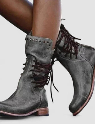 Vintage lace-up ankle boots with low block heel and stud-detailed cuff in brown, grey and black