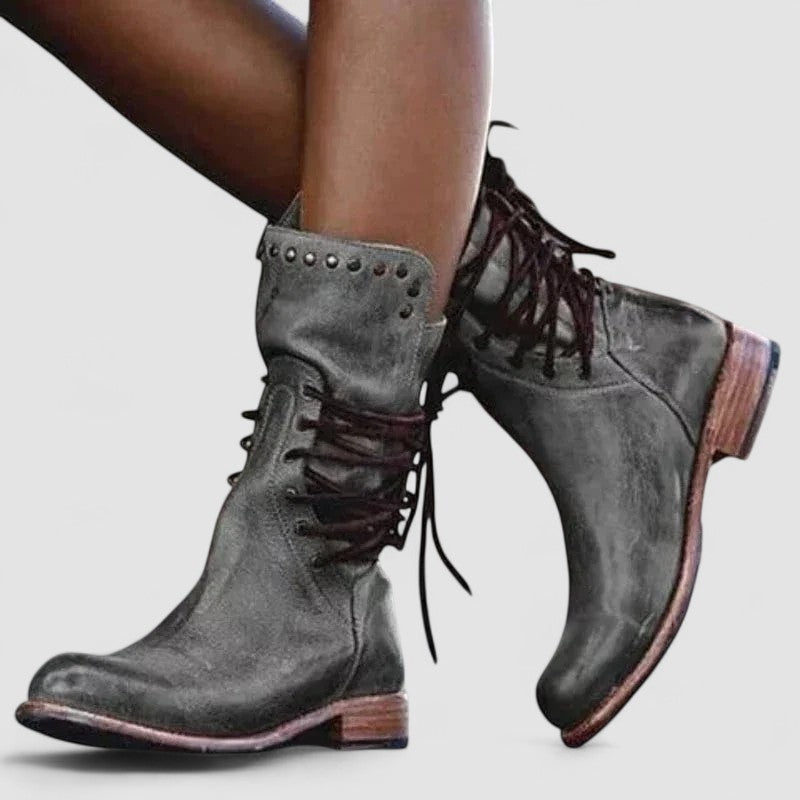 Vintage lace-up ankle boots with low block heel and stud-detailed cuff in brown, grey and black
