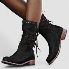 Vintage lace-up ankle boots with low block heel and stud-detailed cuff in brown, grey and black