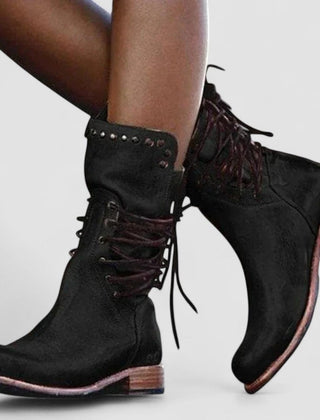 Vintage lace-up ankle boots with low block heel and stud-detailed cuff in brown, grey and black