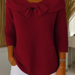 Women’s ribbed round-neck sweater with a fixed bow detail and three-quarter sleeves