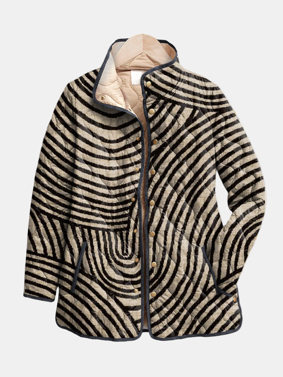 Inaya multicolor quilted jacket with retro hand-drawn circle print and relaxed fit