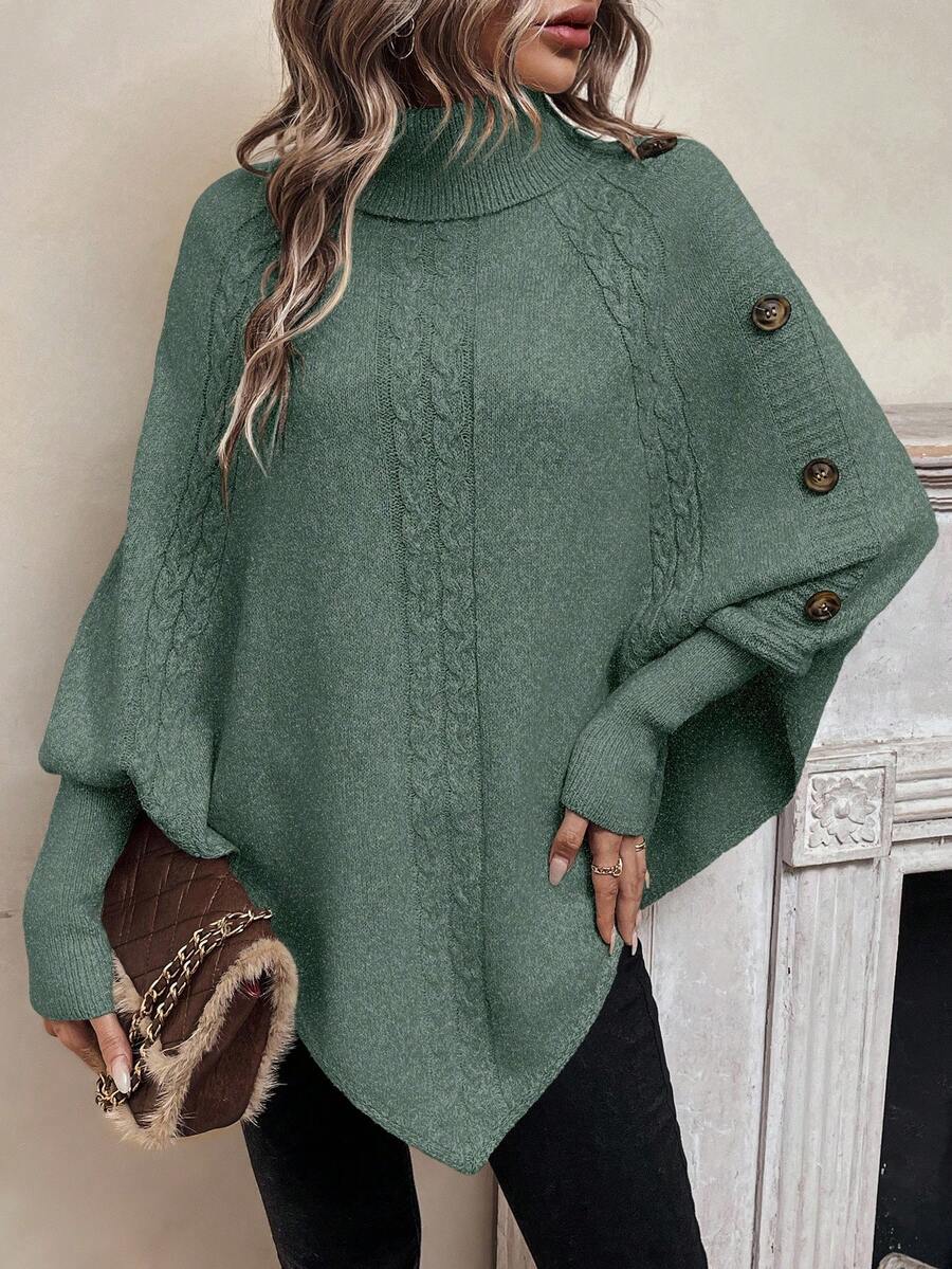 Alexis | High Neck Batwing Cable Knit Poncho Sweater
