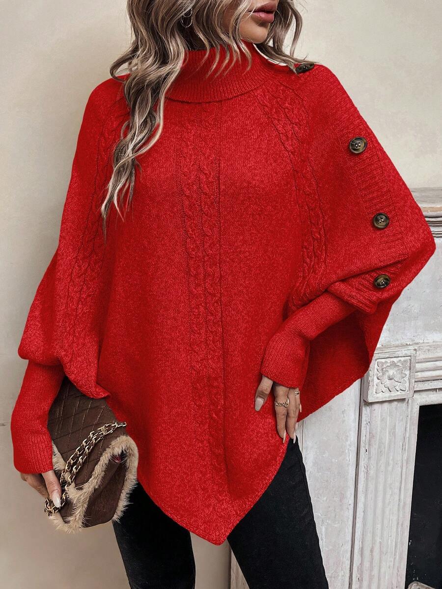 Alexis | High Neck Batwing Cable Knit Poncho Sweater