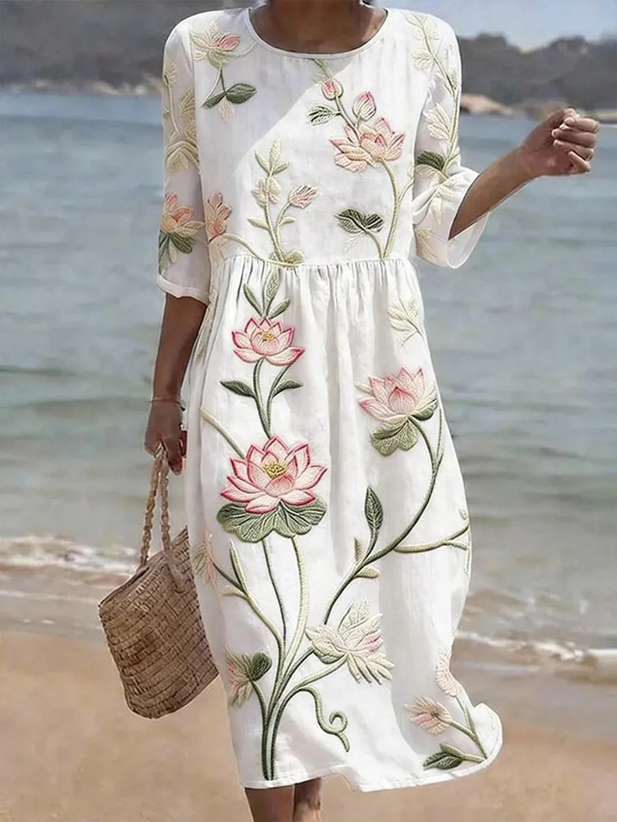 Evelyn | Serene Lotus Embroidered Dress