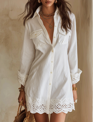 White bohemian shirt mini dress with collared neckline, button front and embroidered eyelet scalloped hem