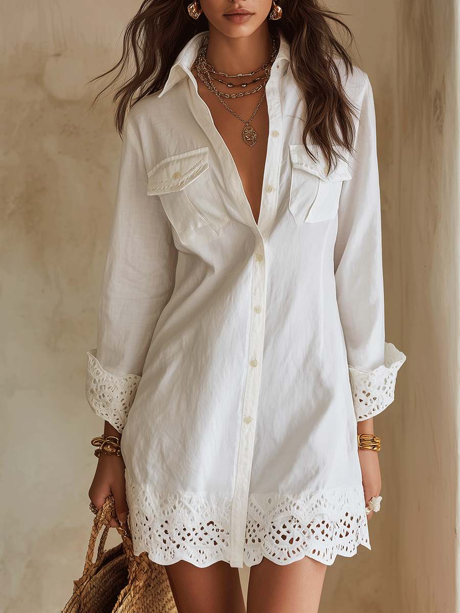 White bohemian shirt mini dress with collared neckline, button front and embroidered eyelet scalloped hem
