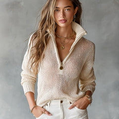 Woman wearing a loose-fit half-zip collar long-sleeve knit sweater
