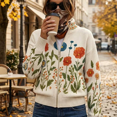 Oatmeal zip cardigan with wildflower meadow print, gold zipper, ribbed collar and cuffs