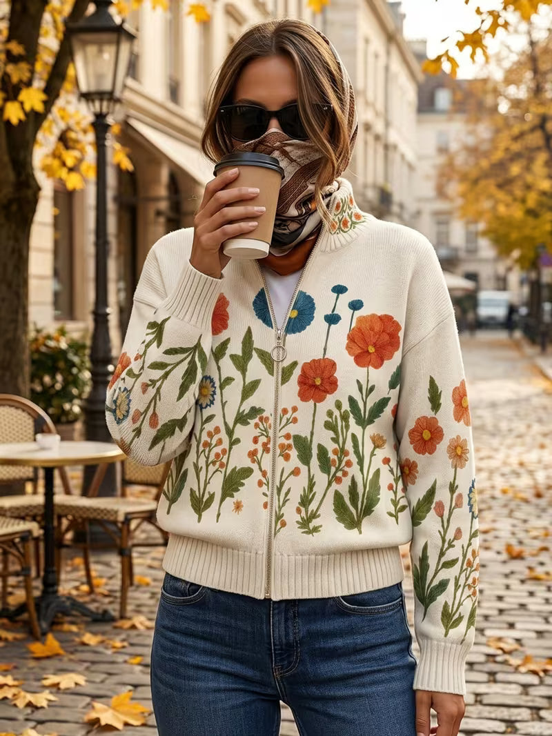 Oatmeal zip cardigan with wildflower meadow print, gold zipper, ribbed collar and cuffs
