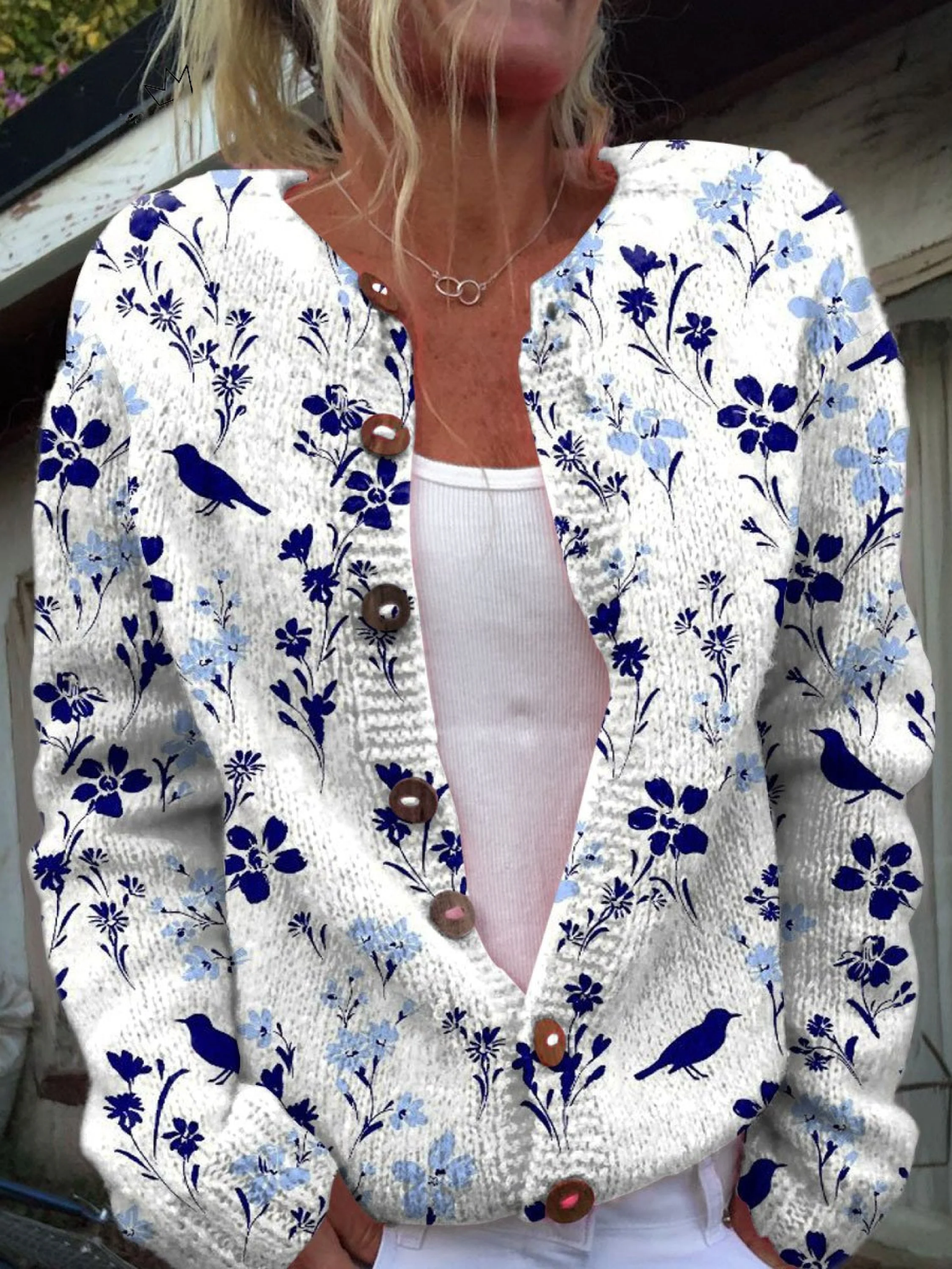 Vynora vintage floral bird print button-front cardigan with navy blooms and wooden-style buttons