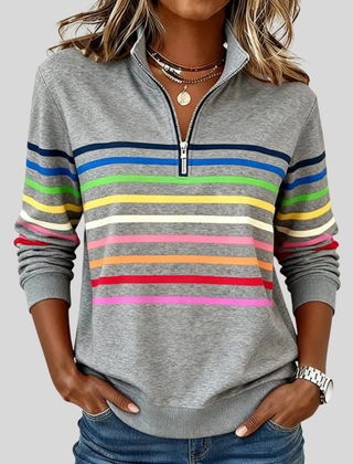 Colourful horizontal striped quarter-zip sweatshirt with silver zip and ribbed cuffs