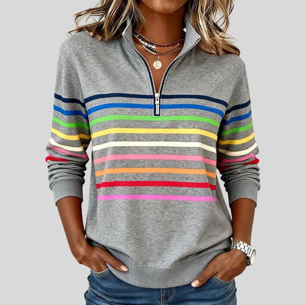 Colourful horizontal striped quarter-zip sweatshirt with silver zip and ribbed cuffs