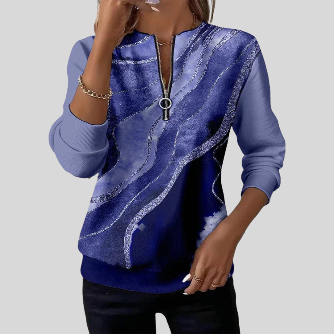 Vintage print half-zip sweatshirt with ribbed cuffs and banded hem, shown in mocha bronze