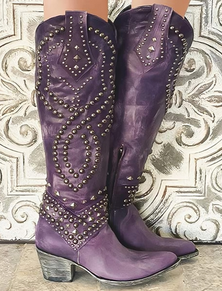 Knee-high pointed-toe boots with a mid block heel and side zipper