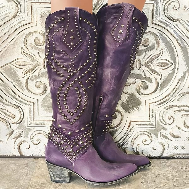 Knee-high pointed-toe boots with a mid block heel and side zipper