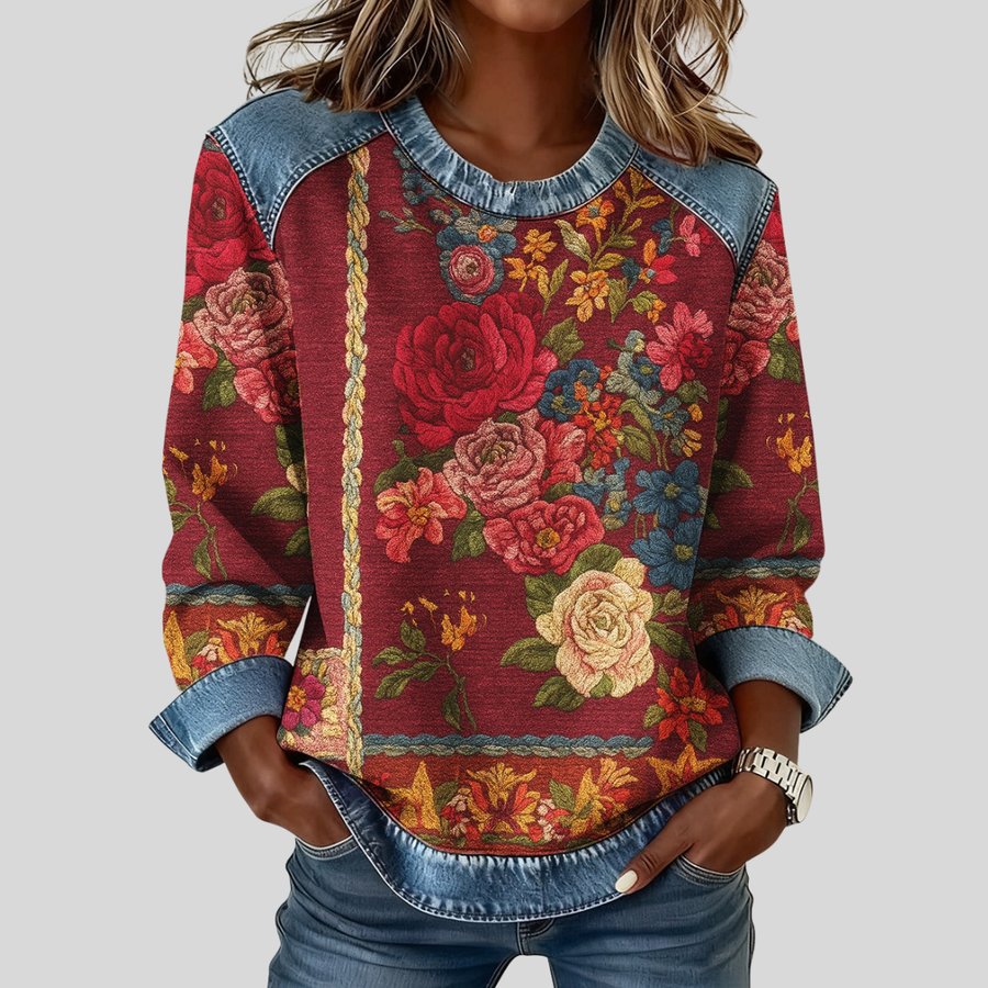 Floral print sweatshirt with rose and wildflower design and denim-look contrast trim