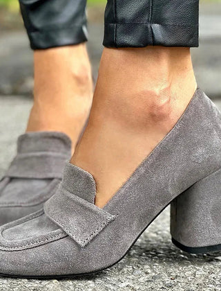 Gray block heel loafers with clean modern lines and a stable heel