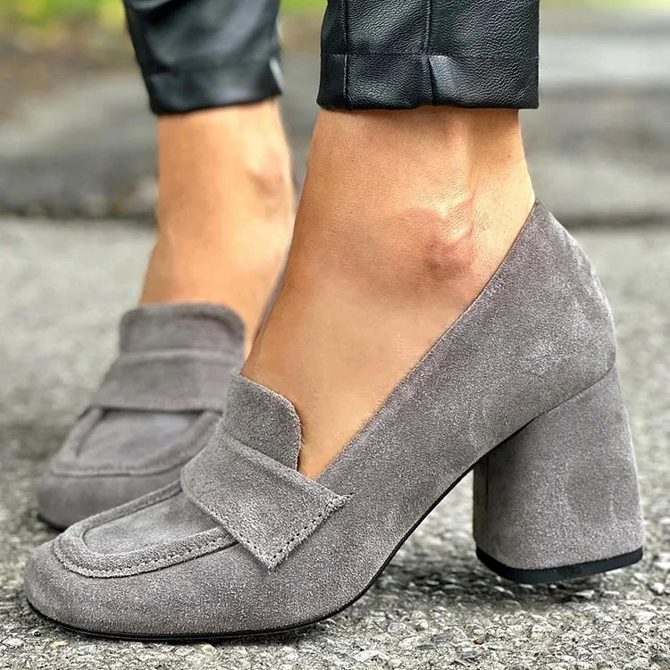 Gray block heel loafers with clean modern lines and a stable heel