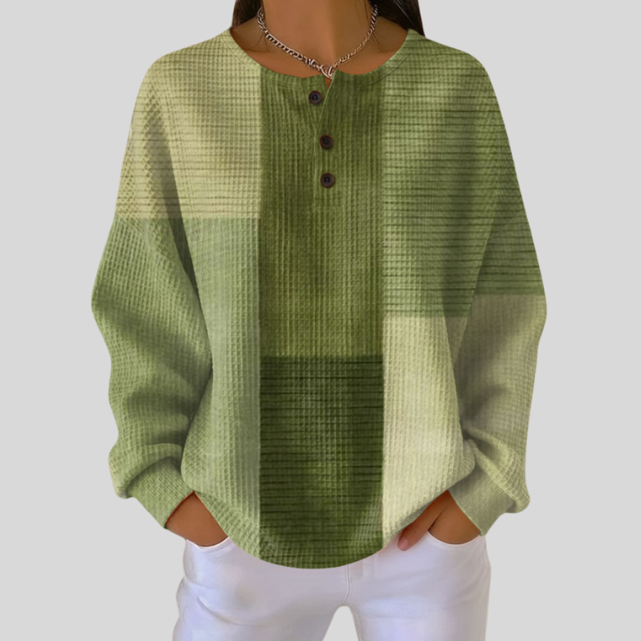 Sage green waffle knit henley sweatshirt with button placket and relaxed fit