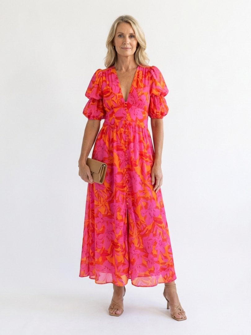 Nadine | Floral V Neck Puff Sleeve Midi Dress