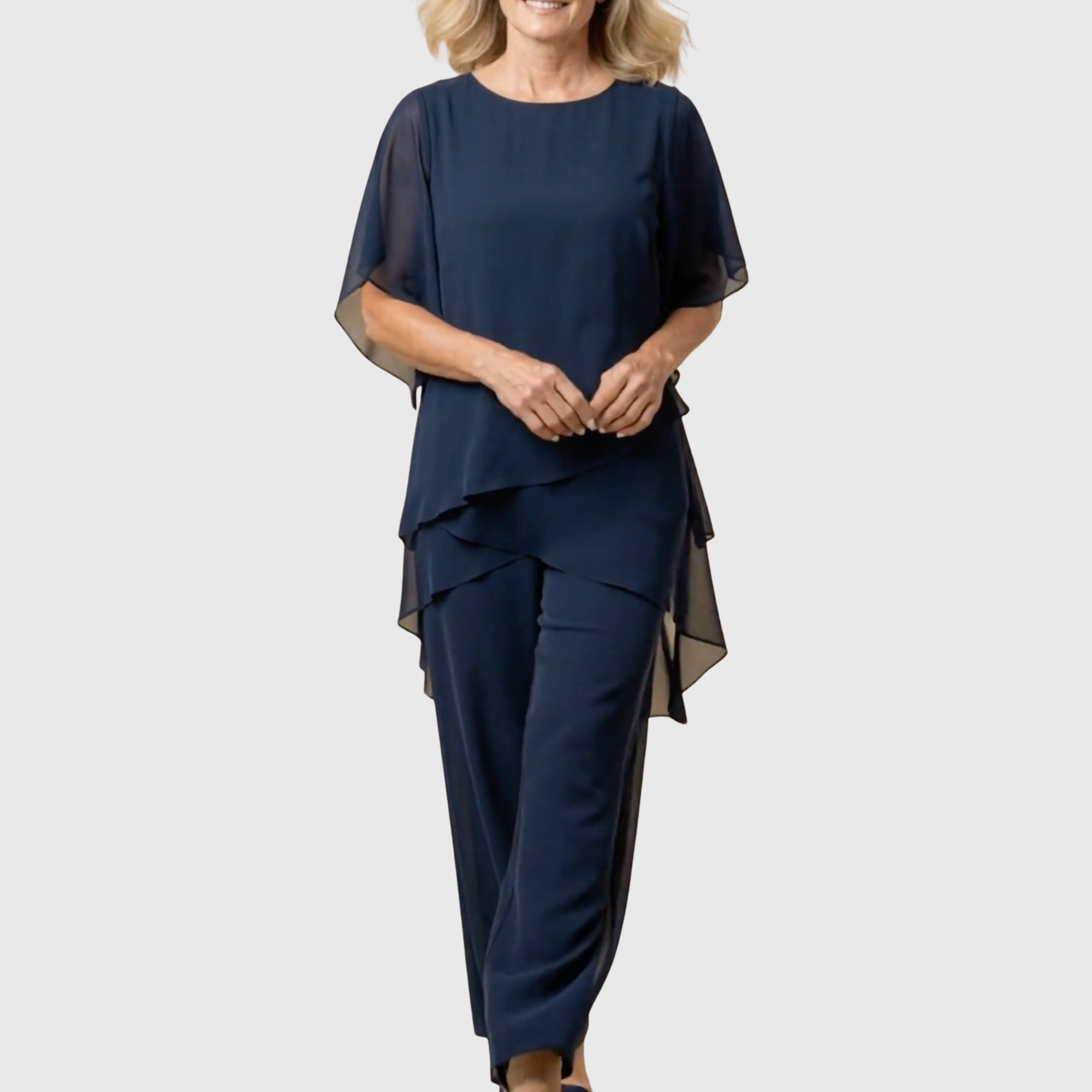 Women's flowing chiffon top with matching wide-leg trousers two-piece set