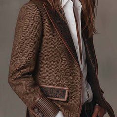 Brown herringbone printed panel blazer with defined shoulders and contrast edges