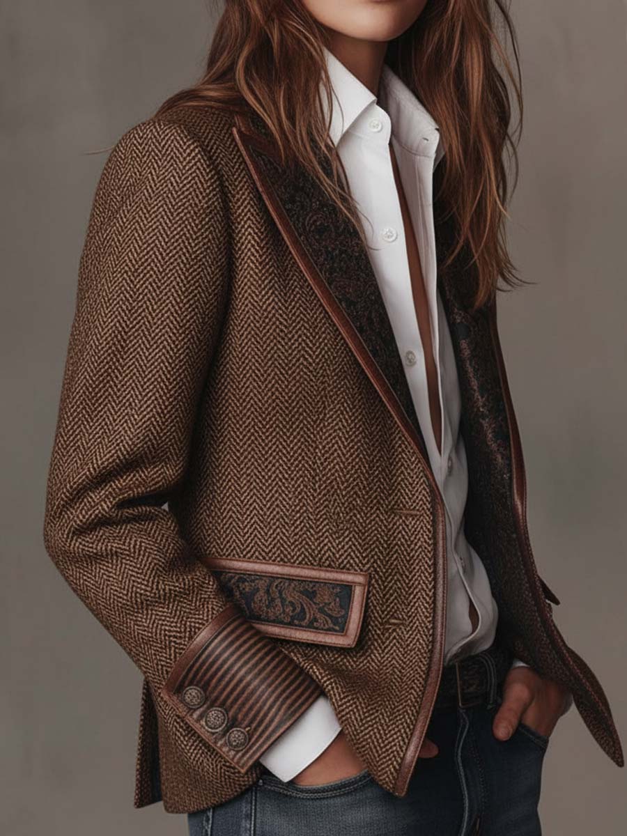 Brown herringbone printed panel blazer with defined shoulders and contrast edges