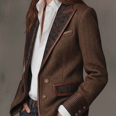 Brown herringbone printed panel blazer with defined shoulders and contrast edges