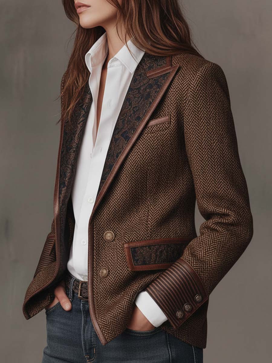 Brown herringbone printed panel blazer with defined shoulders and contrast edges