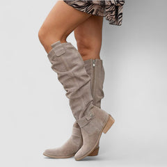 Slouch Western knee boots with perforated texture, block heel and side zipper in beige and khaki