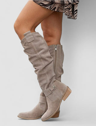 Slouch Western knee boots with perforated texture, block heel and side zipper in beige and khaki
