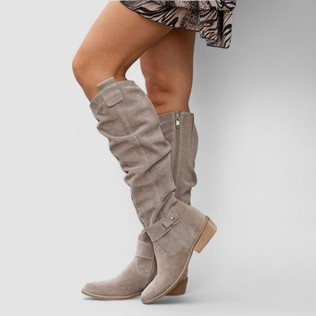 Slouch Western knee boots with perforated texture, block heel and side zipper in beige and khaki