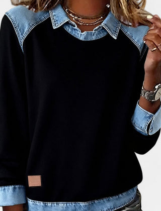 Women's layered-collar two-tone sweater with shirt-style collar and contrast panels, long sleeves