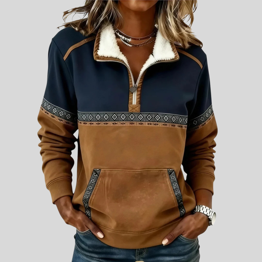 Navy and caramel color-block half-zip pullover with sherpa collar and geometric chest trim