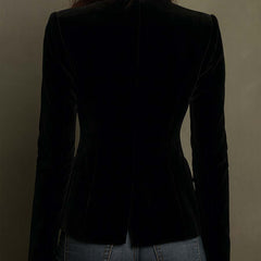 Black single-breasted blazer with colourful floral embroidery on the lapels, cuffs and pockets