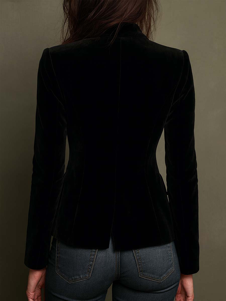 Black single-breasted blazer with colourful floral embroidery on the lapels, cuffs and pockets