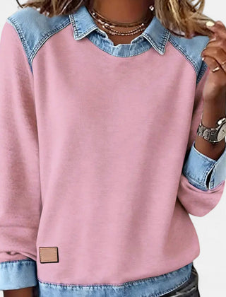 Women's layered-collar two-tone sweater with shirt-style collar and contrast panels, long sleeves