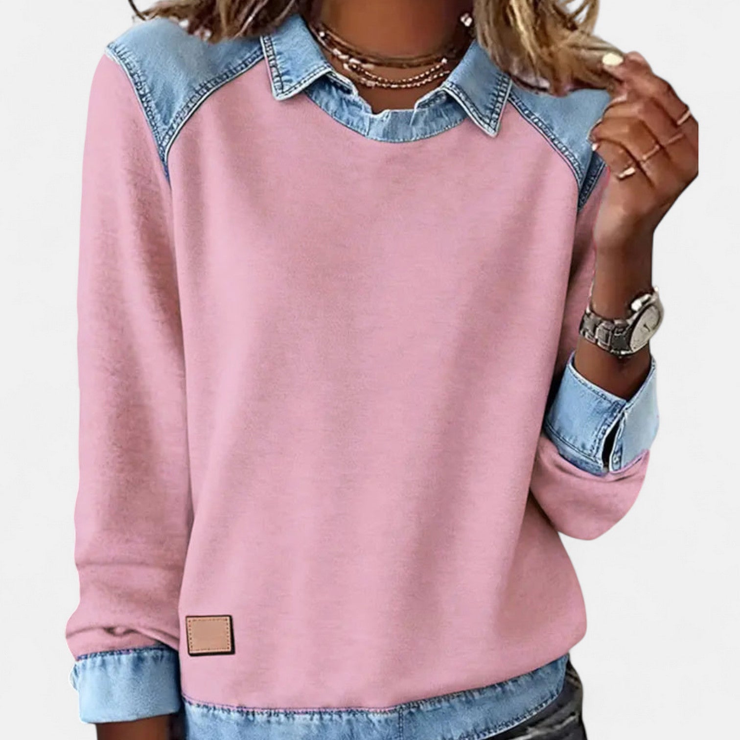 Women's layered-collar two-tone sweater with shirt-style collar and contrast panels, long sleeves