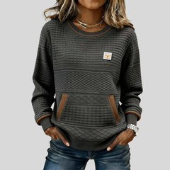 Women's crew neck colorblock sweatshirt with quilted texture panels and front kangaroo pocket
